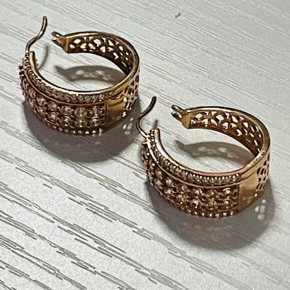 Sparkling Rose Gold Tone Wide Hoop Earrings with Crystal Pave Detailing - Picture 8 of 8
